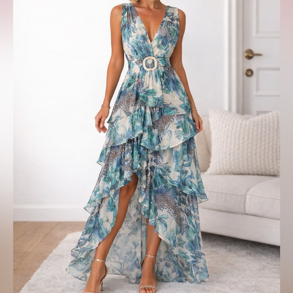 Chicway Tropical Leopard Print Ruffle High Low Maxi Dress